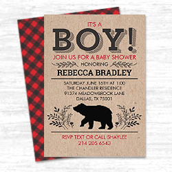 Lumberjack bear buffalo check baby shower invitation